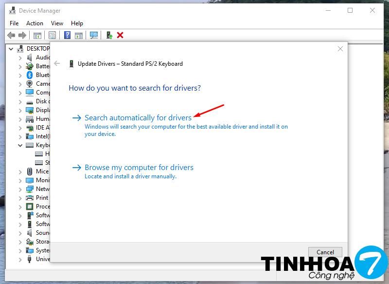 Chọn Search automatically for drivers để khắc phục lỗi bàn phím của laptop